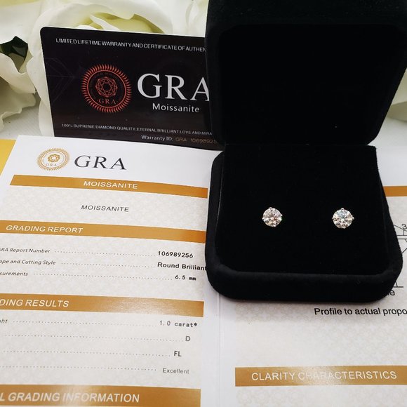 14K Solid White Gold 2 Carats Moissanite Stud Earrings D-FL - Picture 3 of 8